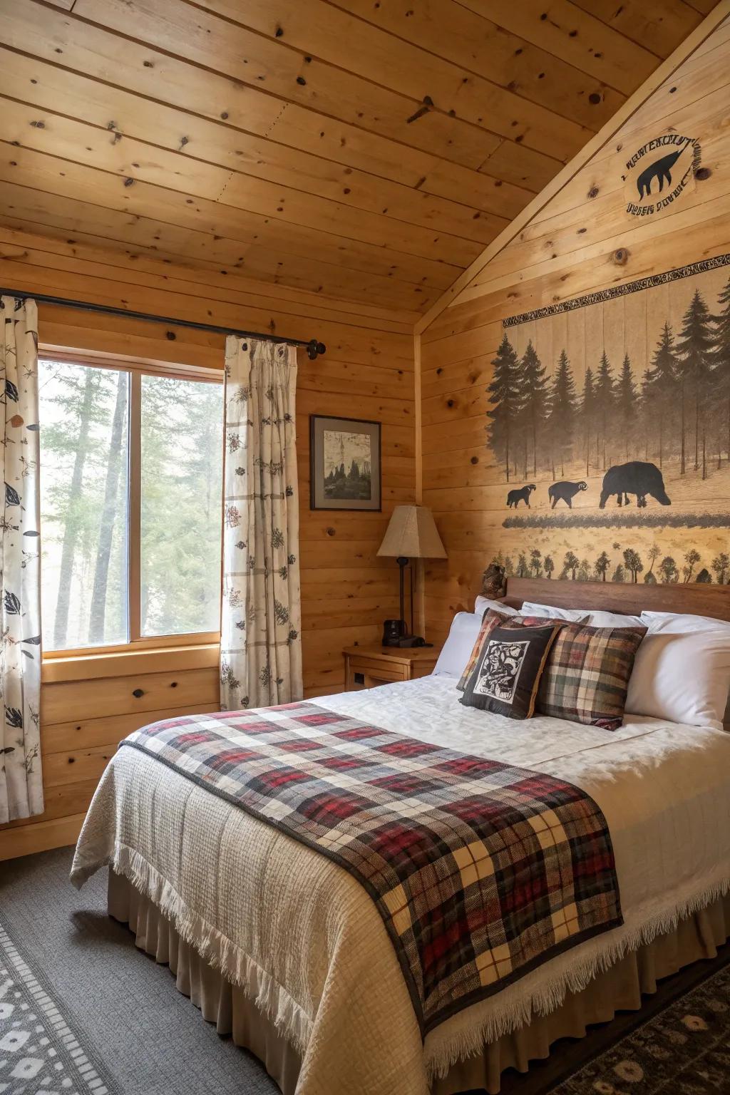 A cabin bedroom decorated with nature-inspired elements and animal themes.