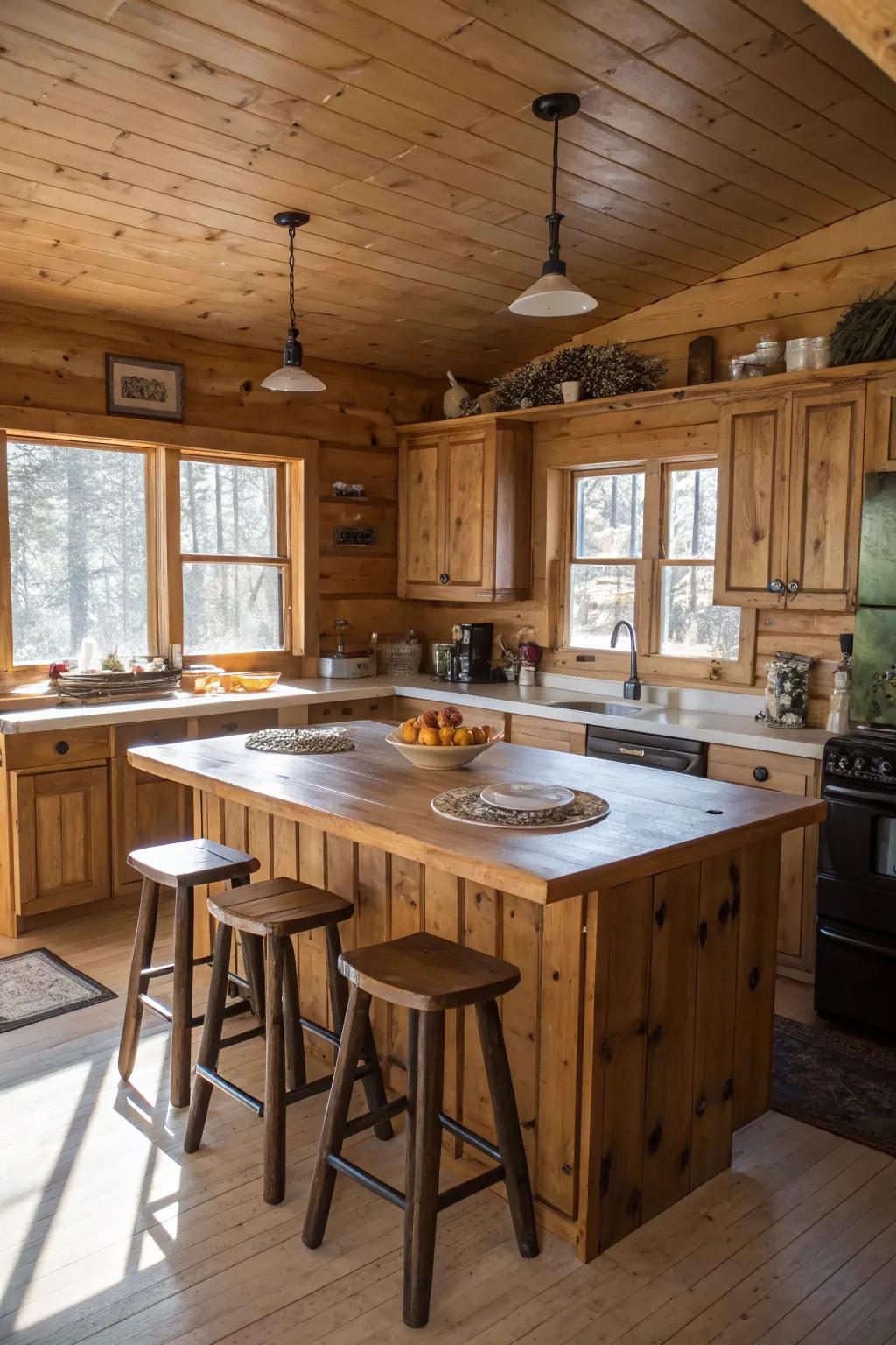 An integrated dining area enhances the social aspect of a cabin cooking space.