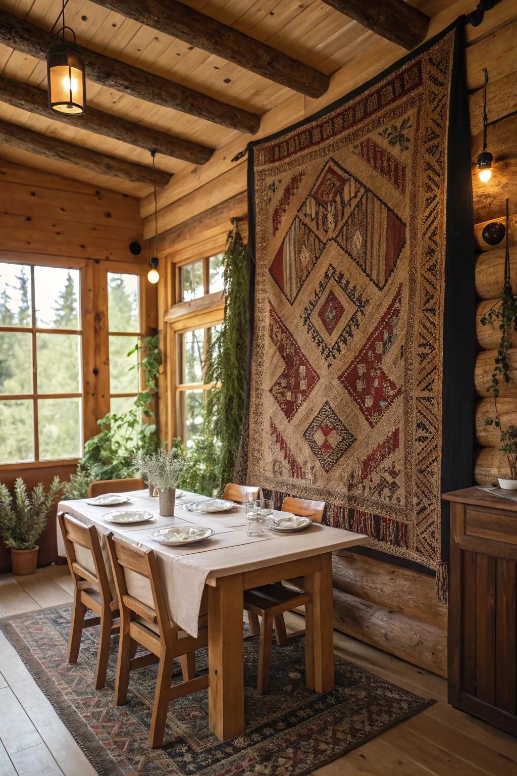 A woven tapestry serving as a feature wall in the dining space.