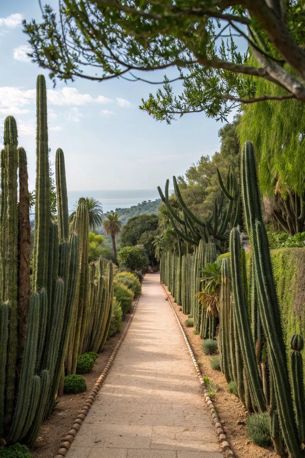 Cacti forming a natural boundary along a garden path.