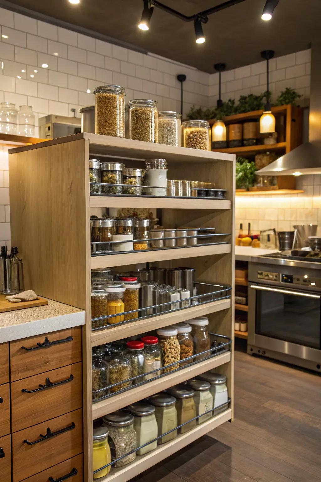 Ingenious storage solutions inside a cafe kitchen producing a pristine ambiance.