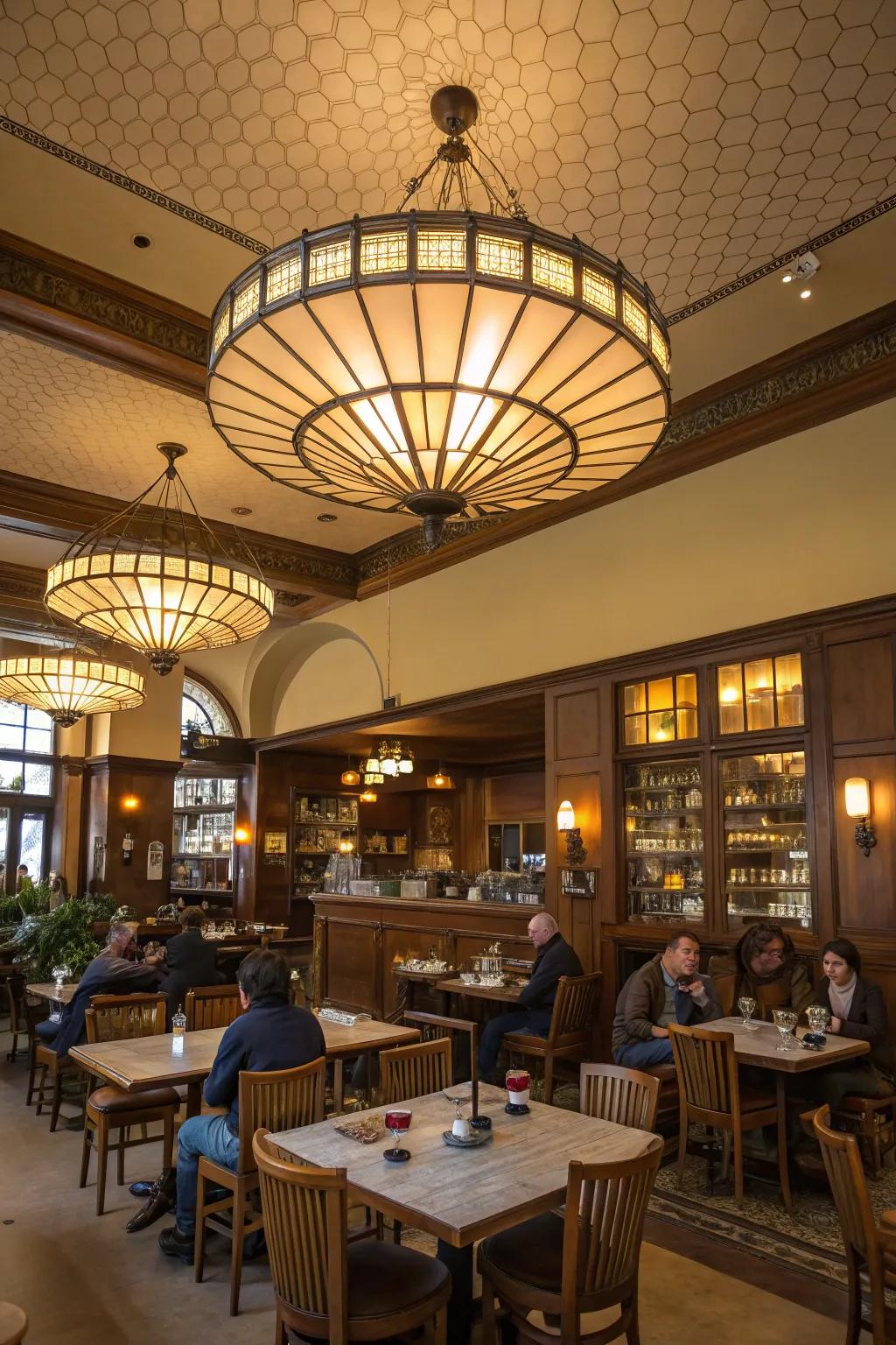 A cafe boasting a magnificent ceiling fixture that brings flair and fashion.
