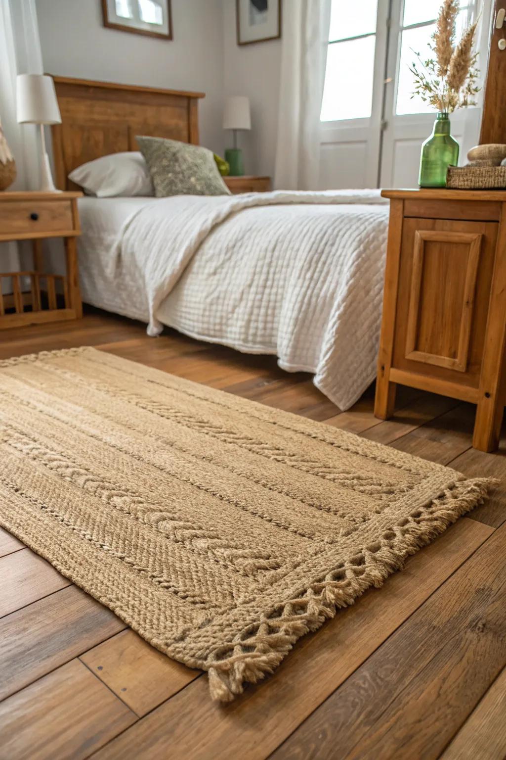 Bedroom featuring a textured jute rug on wooden flooring for warmth.