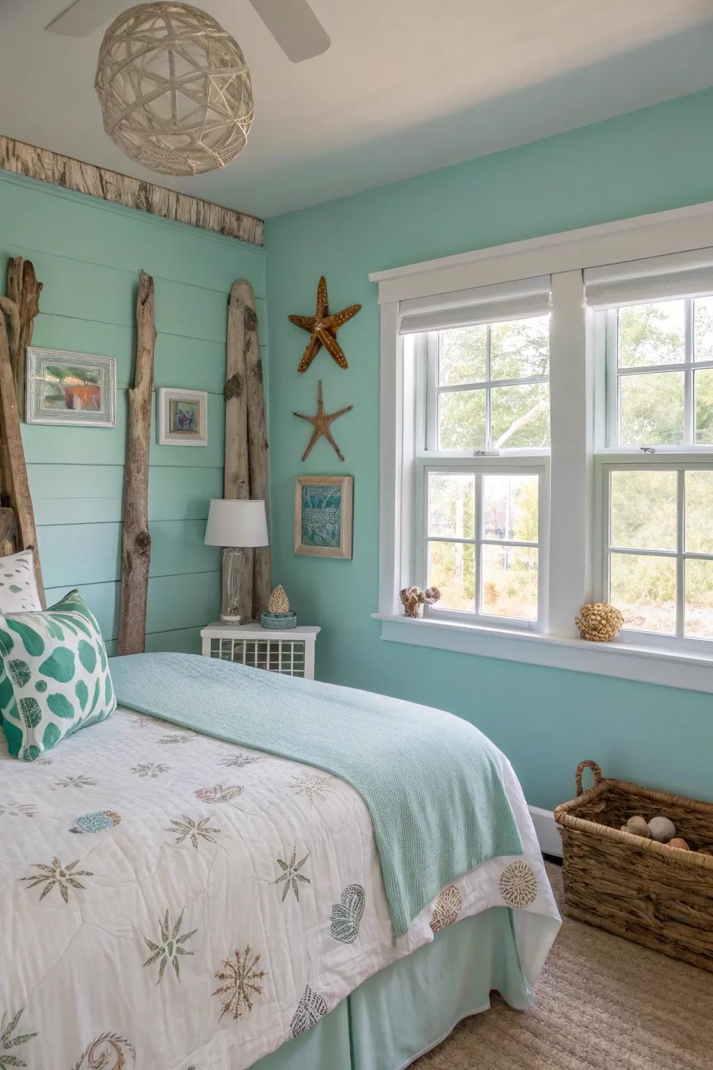 Aqua hues create a revitalizing and calming bedroom.