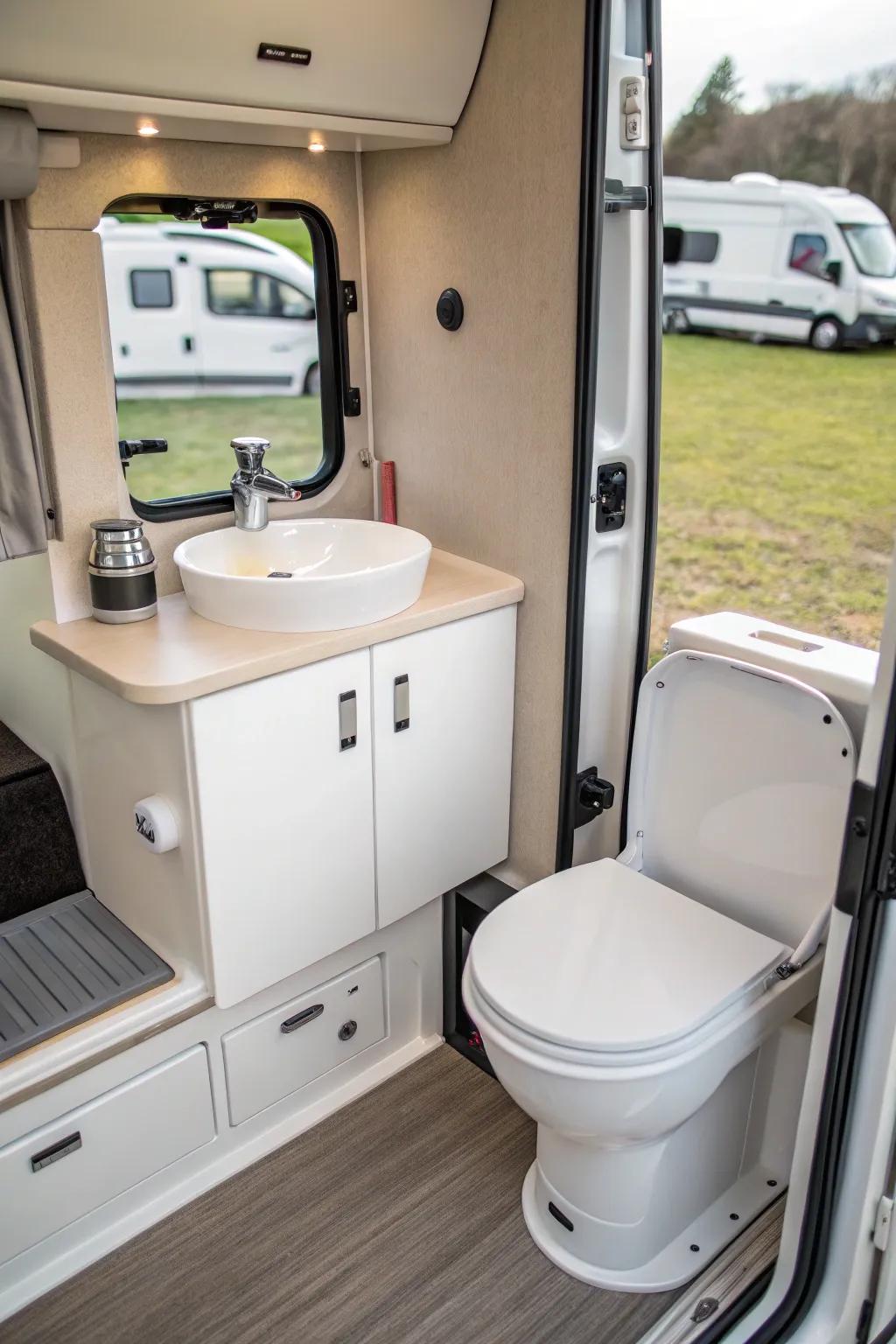 A streamlined and minimalist mobile home washroom design.
