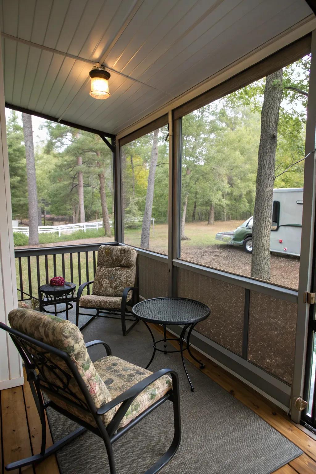 An encapsulated porch zone for pest-free outdoor enjoyment.