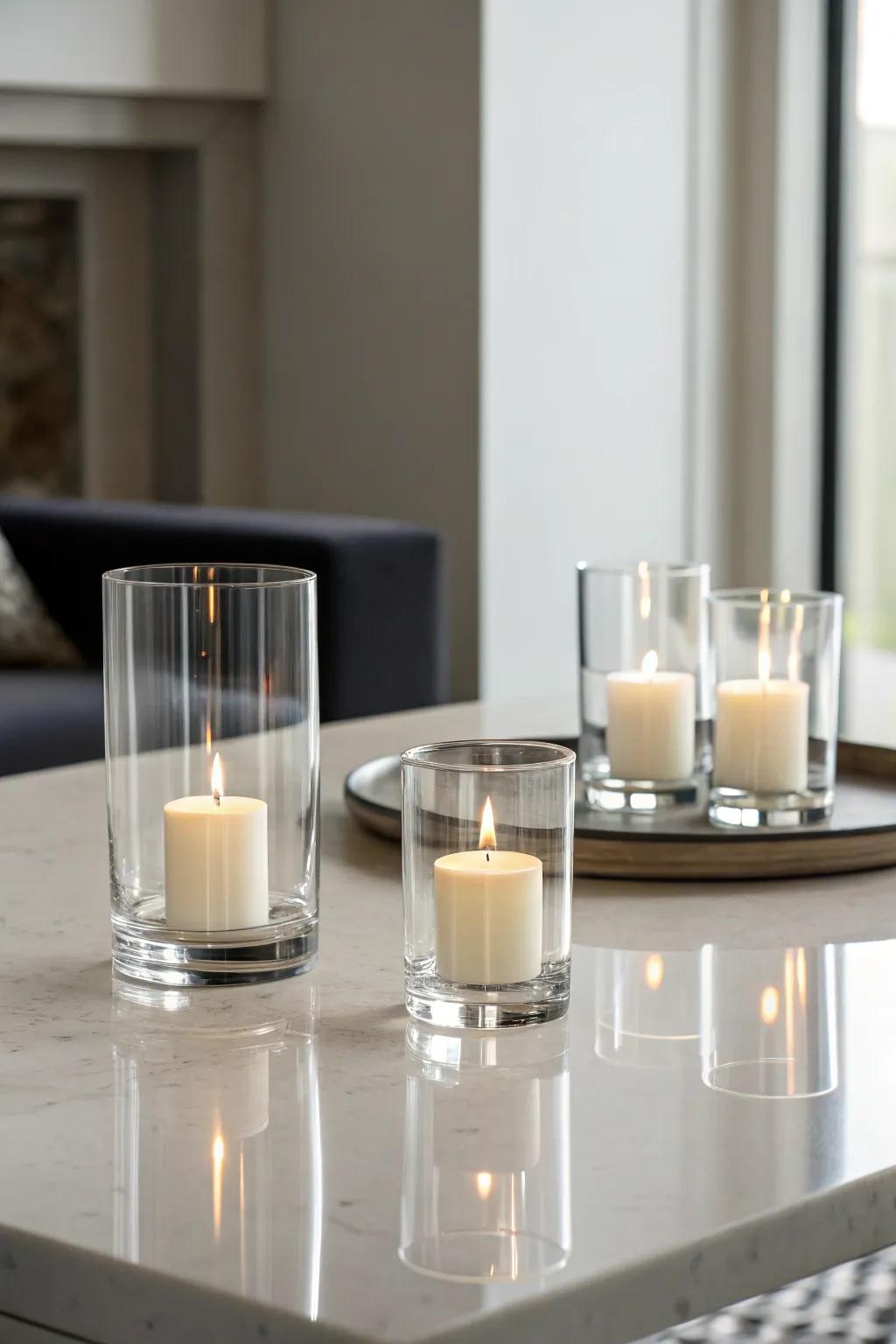 Modern elegance showcased by simple crystal candle stands.