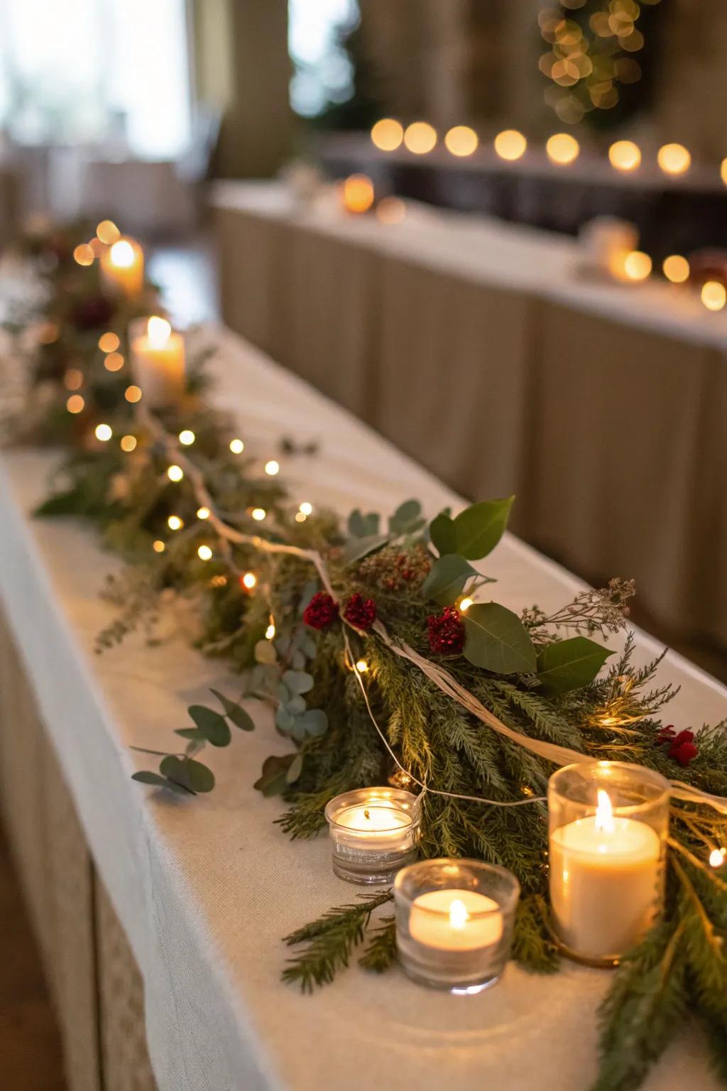 Garland artfully interwoven with strategically placed tea lights, producing a gentle illumination.