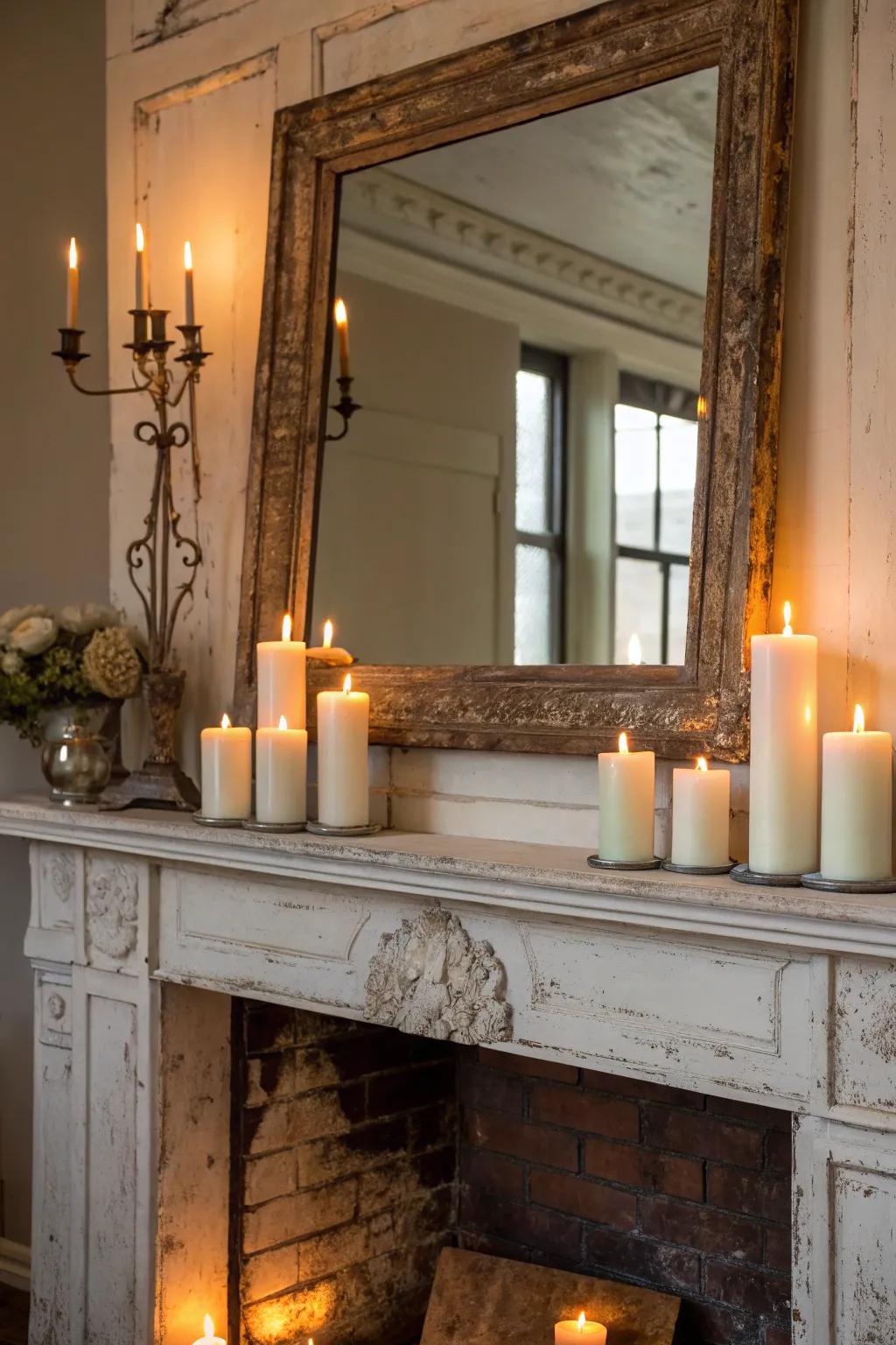 Weathered mirrors aligned with lights for a chic, classic aesthetic.