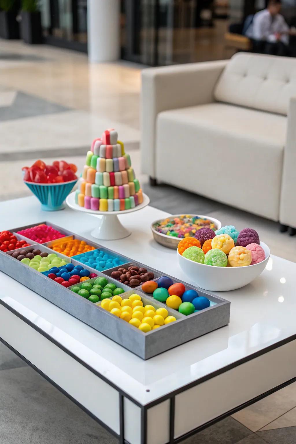 An arresting sweets display with unconventional configurations.