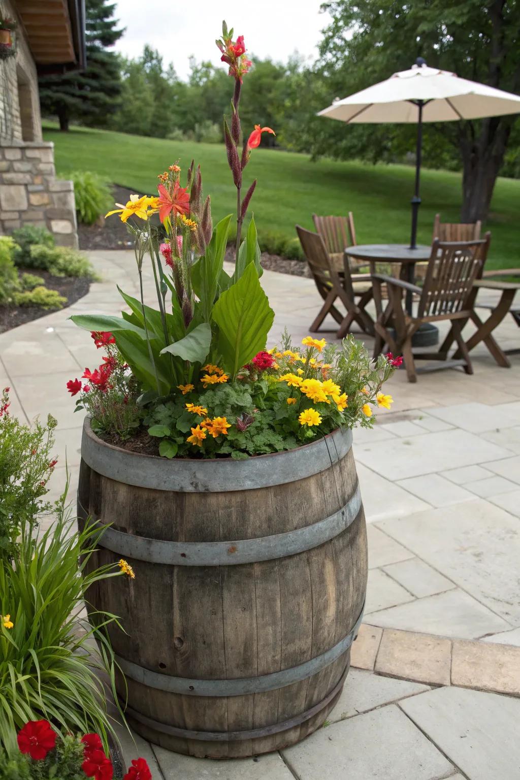 A touch of rustic allure with ginger blossoms and wildflowers in a wooden barrel.