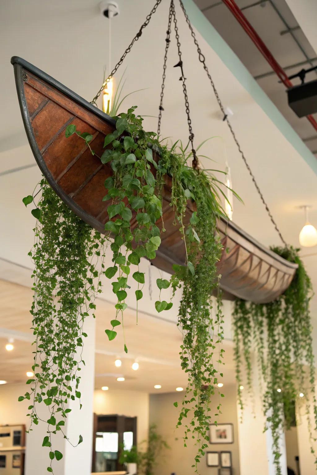An indoor suspended watercraft planter creates a floating green oasis.
