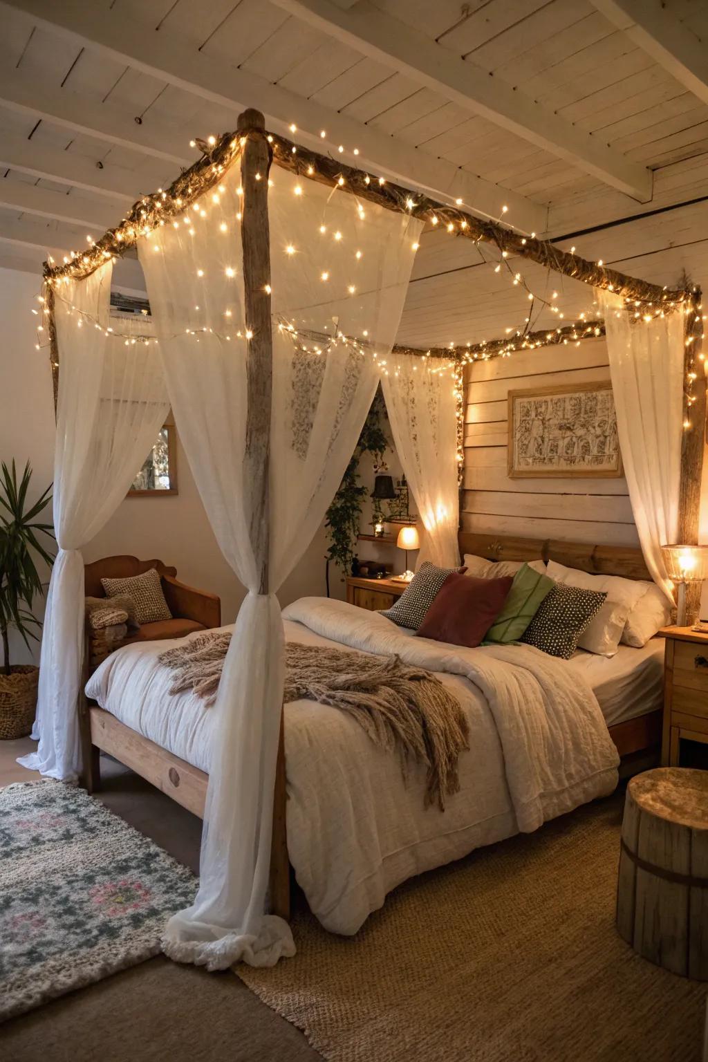 String lights illuminate a four-poster bed, creating a magical effect.