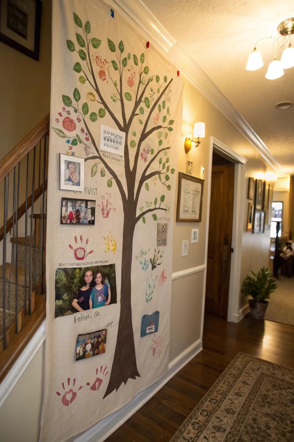 Custom family tree painting in a hallway