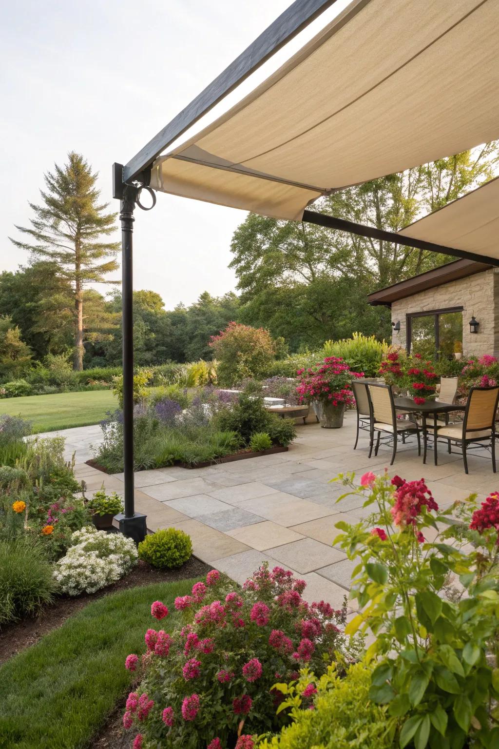 Seamlessly integrate fabric covers with garden greenery.