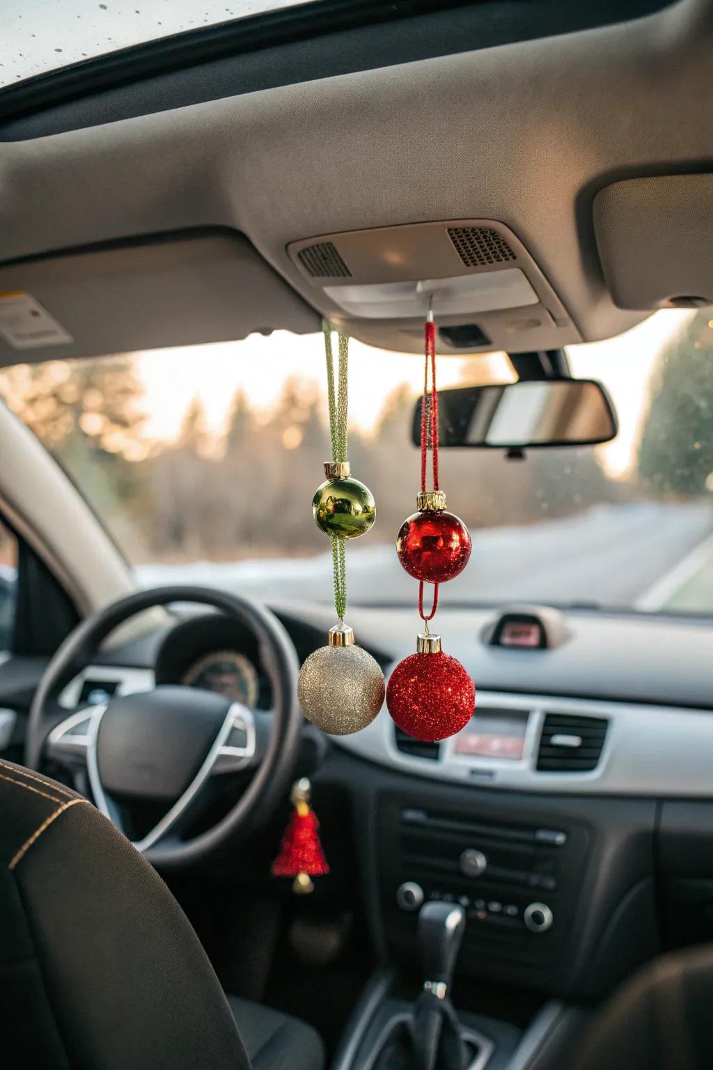 A comfortable car interior featuring festive ornaments for a hint of Christmas joy.
