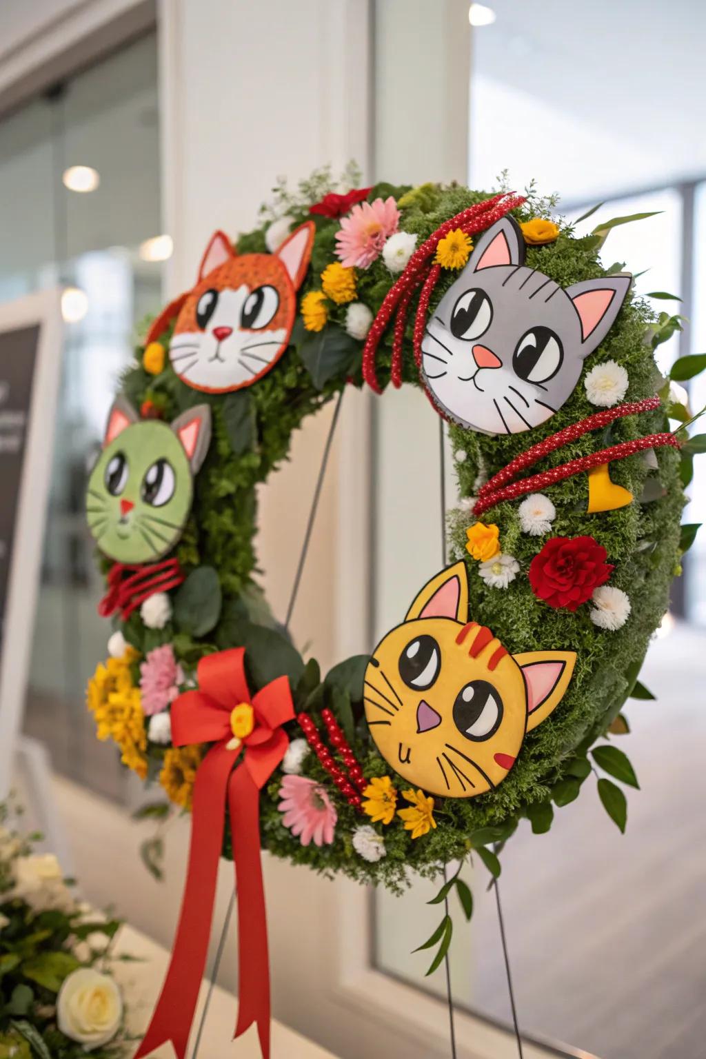A whimsical cartoonish feline countenance decorative loop for a playful ambiance.