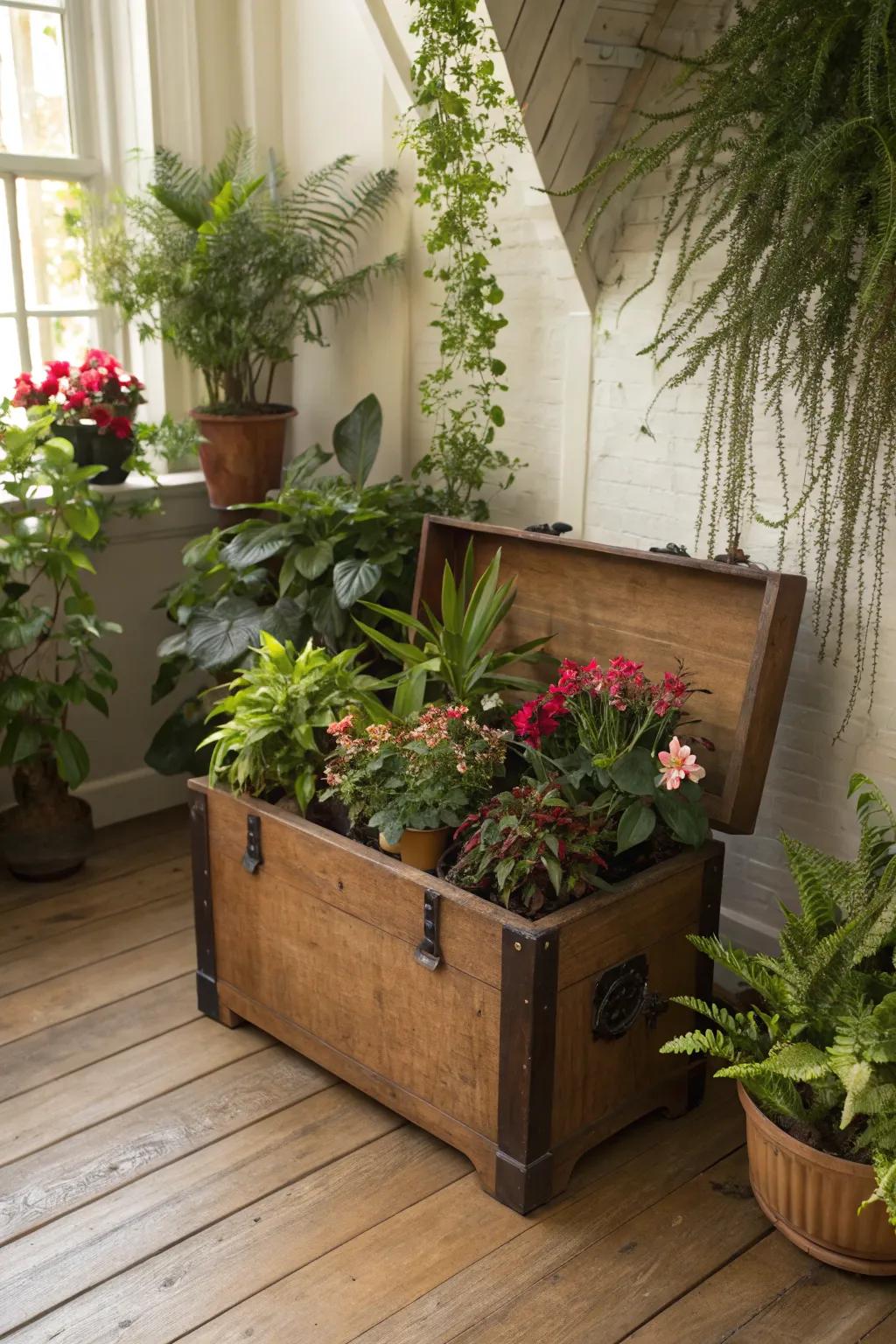 A blanket chest becomes a lush display for your favorite plants.
