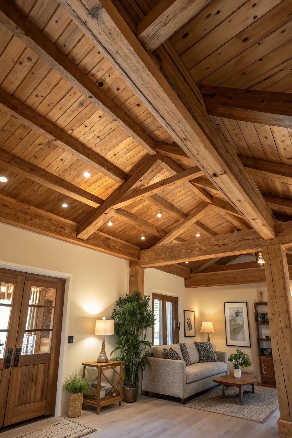 A room showcasing original timber particulars, thereby instilling a raw, earthy sensation on the ceiling.