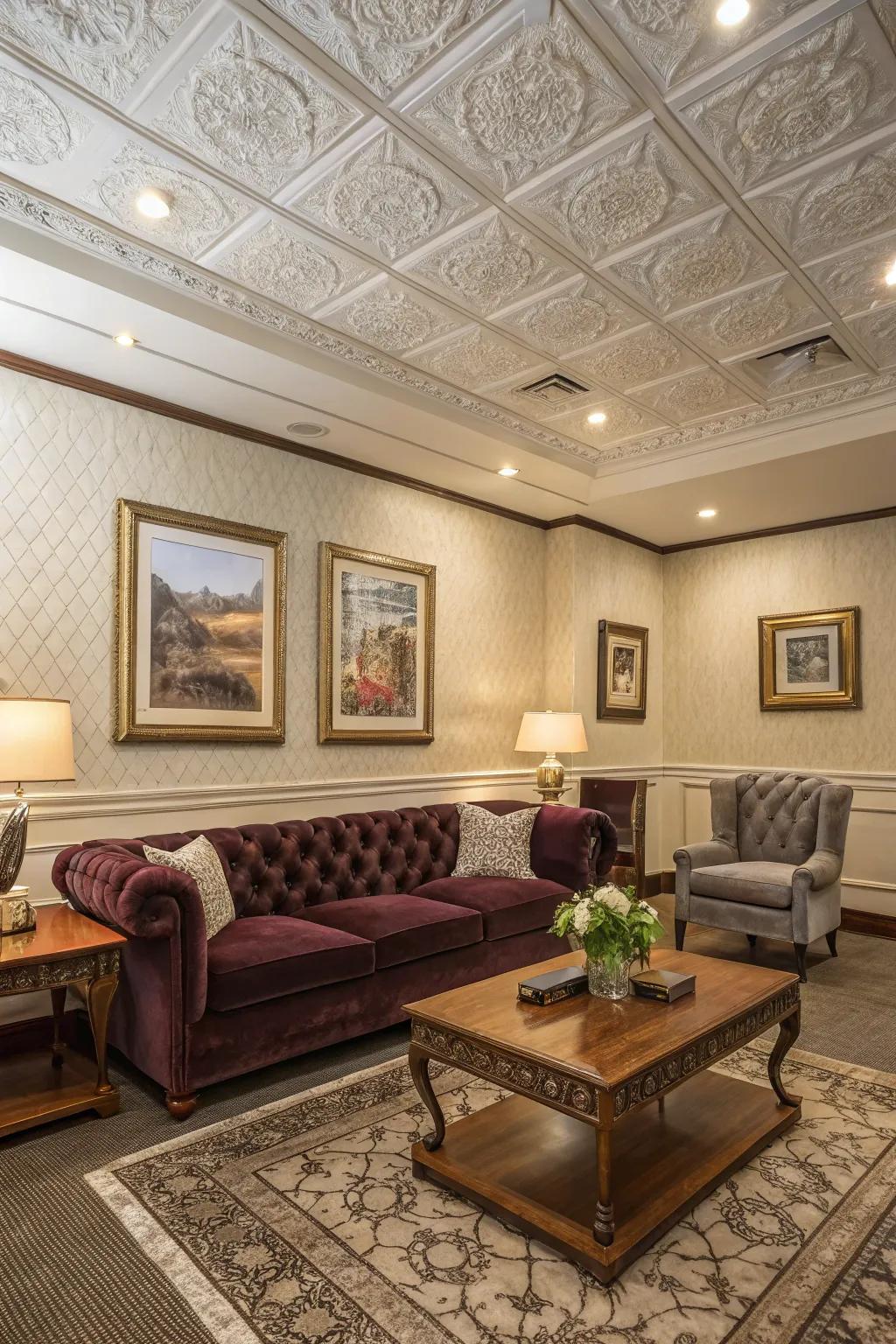 A room with sculpted ceiling squares adding sophistication.