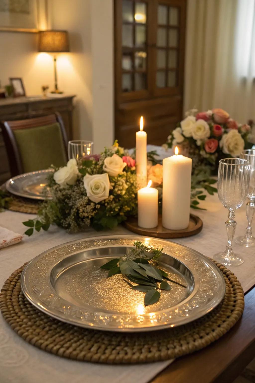 Glamorous shine using a polished serving dish centerpiece base.