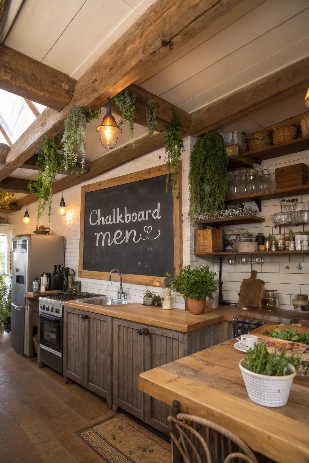 A rustic kitchen setting where a chalkboard menu enhances the cozy atmosphere.