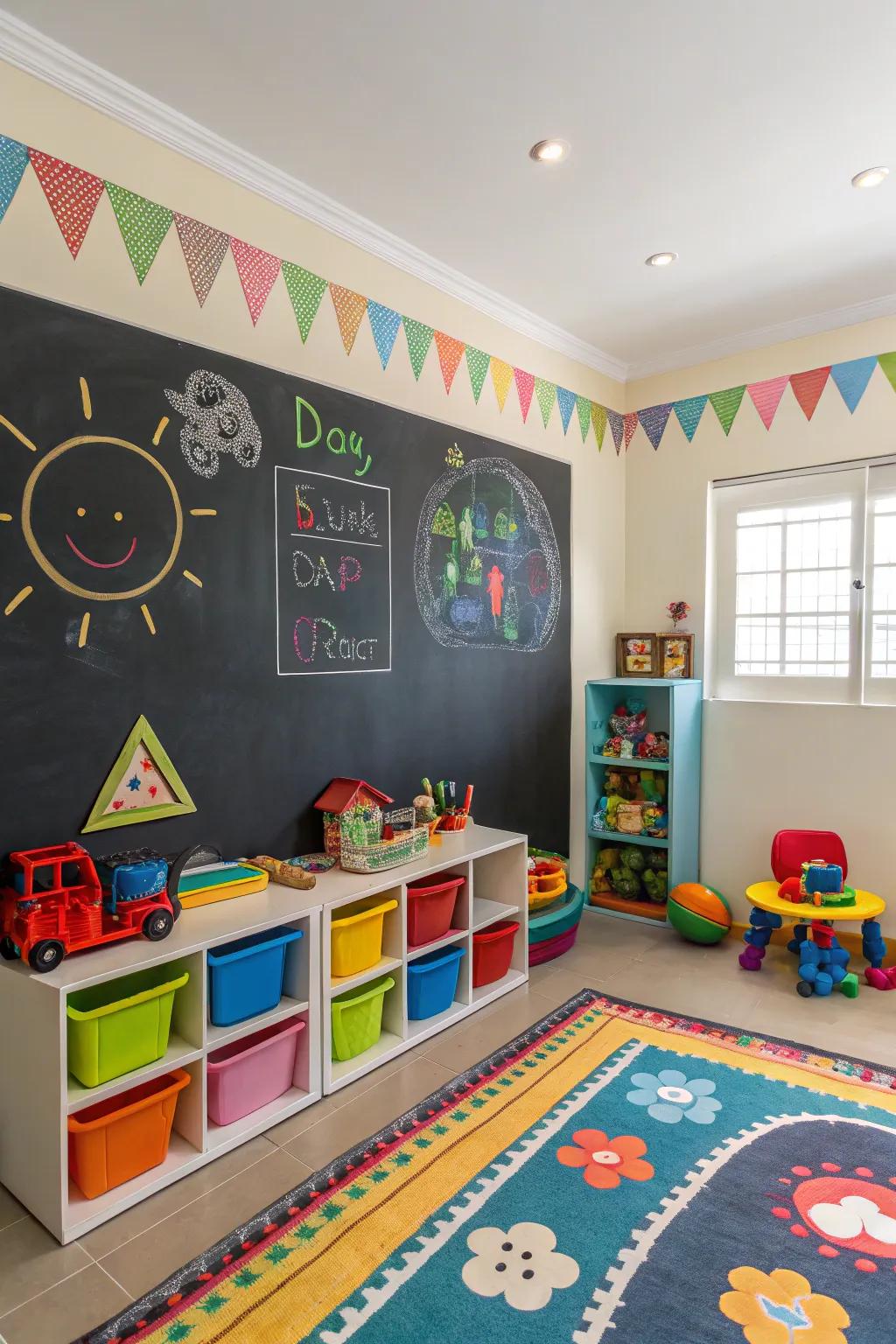 Bright borders make the chalkboard wall stand out.