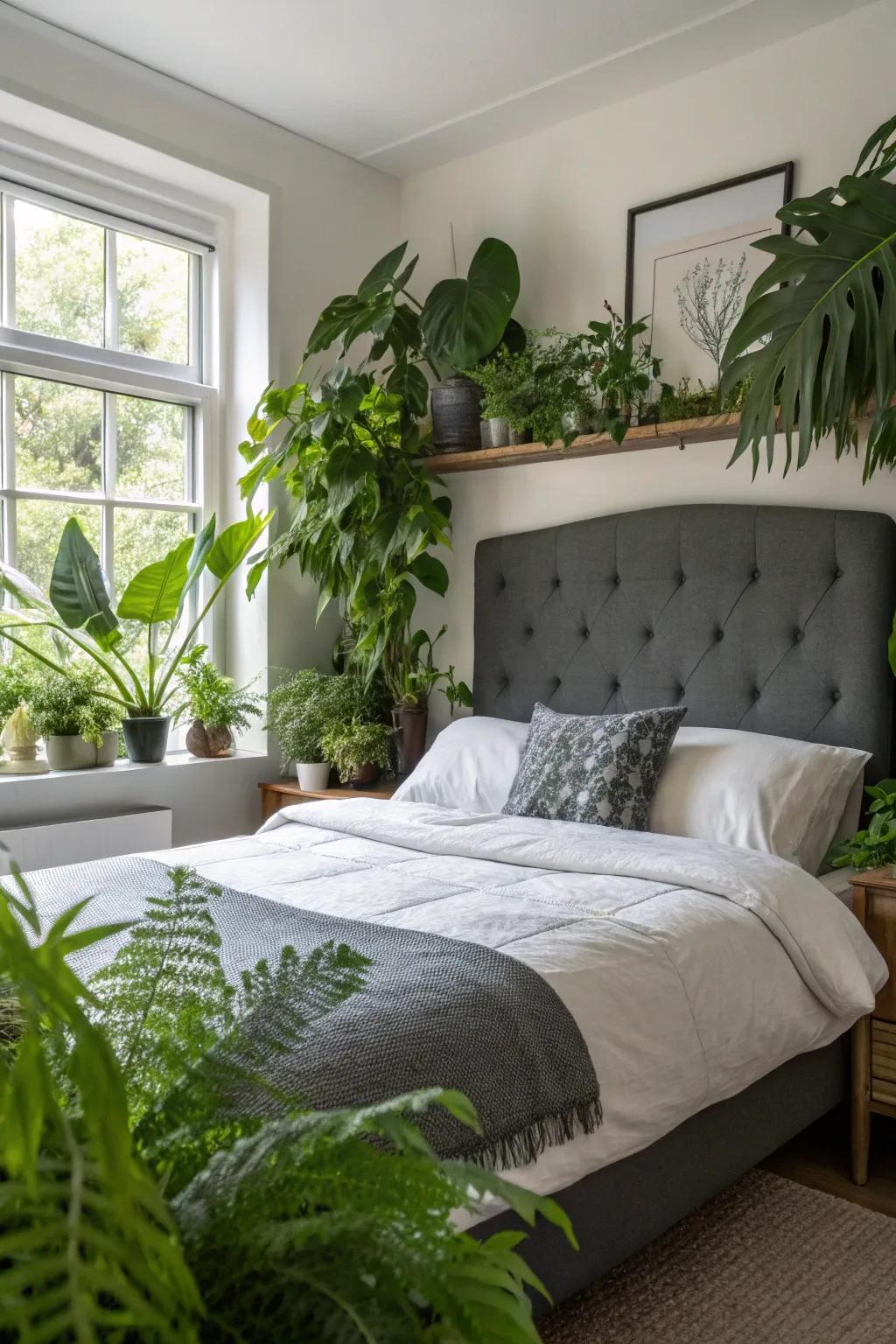 Verdant additions present a revitalizing sense to a deep grey headboard arrangement.