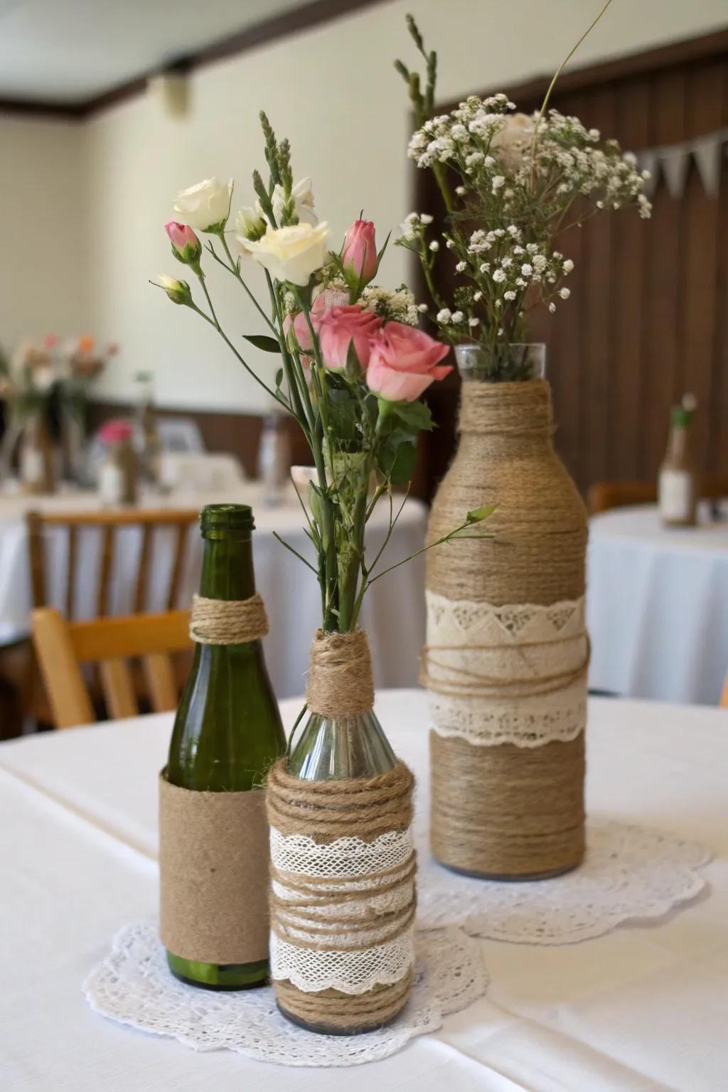 DIY wrapped bottles, adding a personal touch.