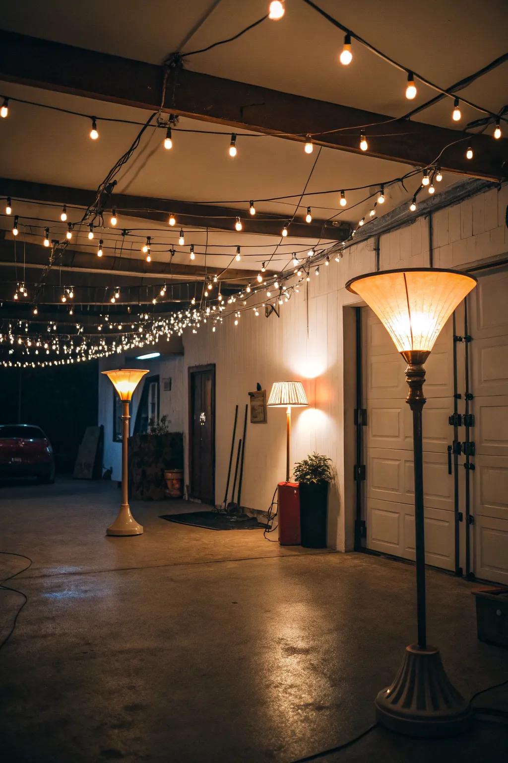 Thoughtful lighting improves the mood of the garage hangout.