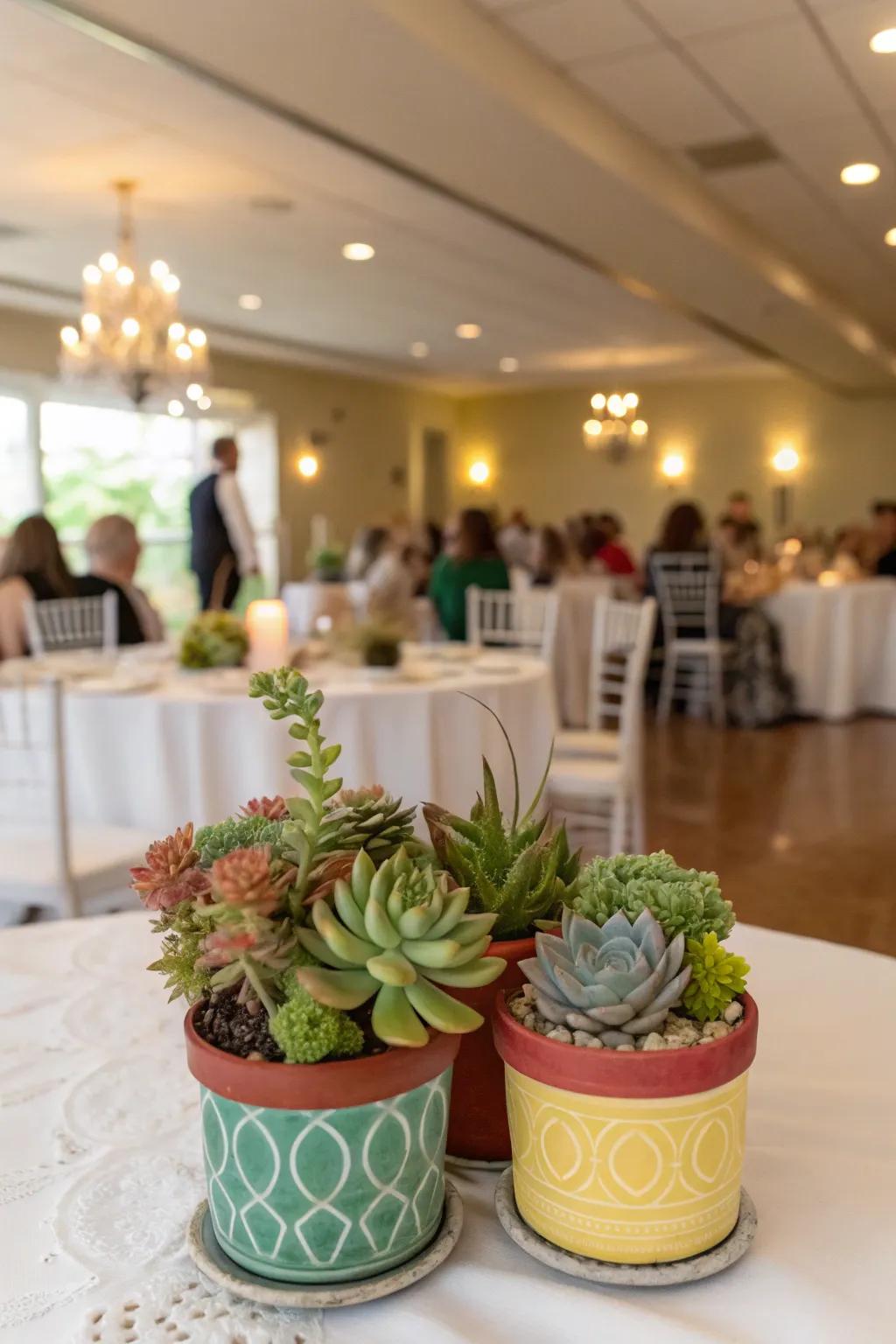 Sustainable elegance: floral potted centerpieces.