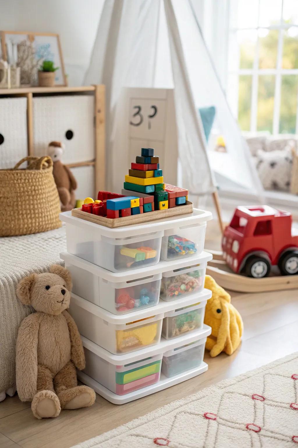Stackable drawers provide adaptable storage options.
