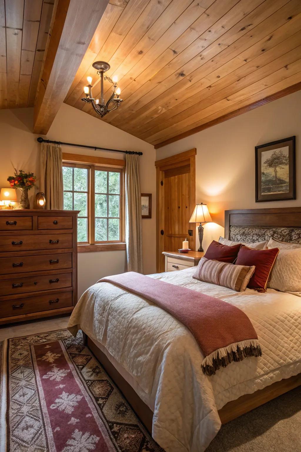 An inviting and snug maple wood bedroom environment.
