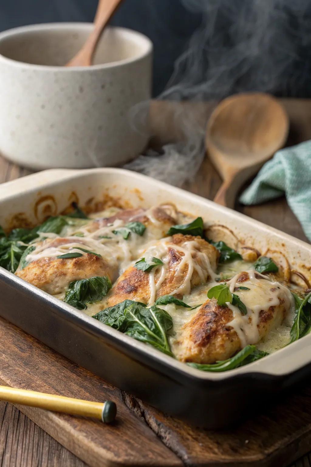 Baked chicken with spinach and cheese, a comforting treat.