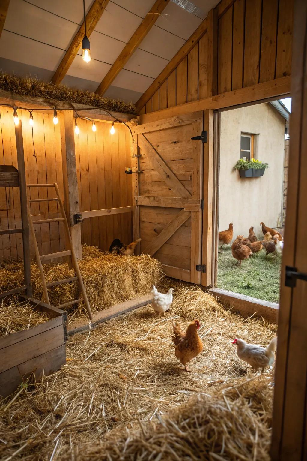 Snug bedding establishes a warm and inviting area for your chickens.