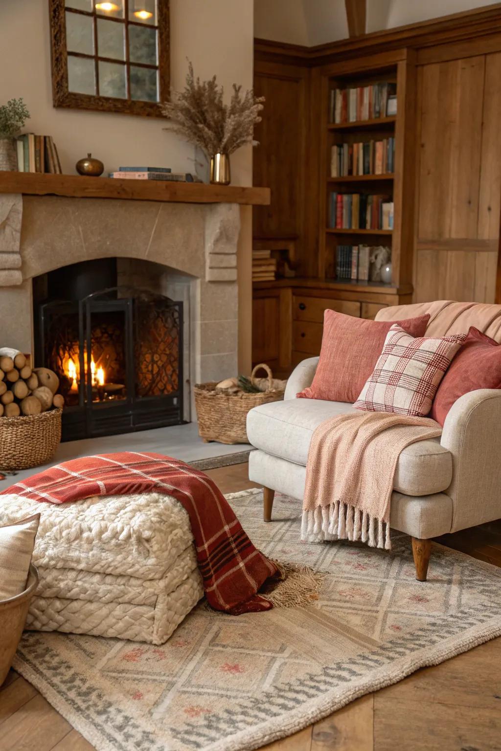 The presence of textiles in the hearth space introduces an inviting feel.