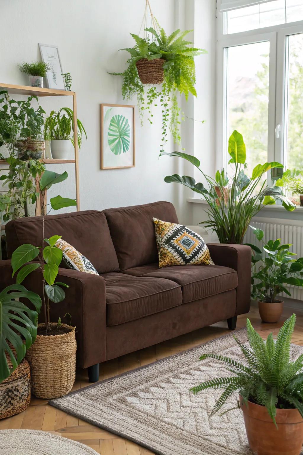 Natural elements like plants add freshness to a cocoa sofa setting.