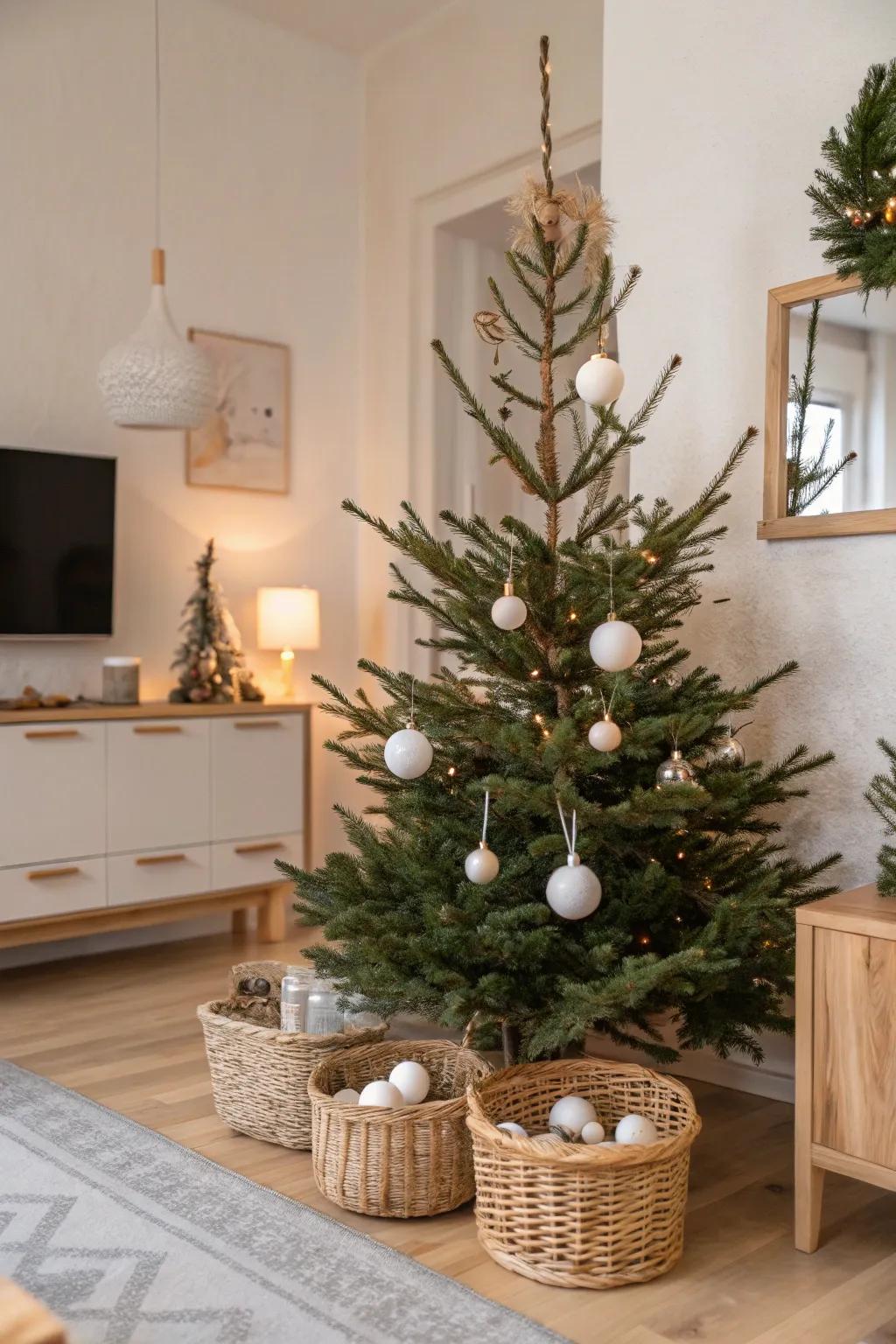 A minimalist Nordic Christmas bauble tree with serene and verdant allure.