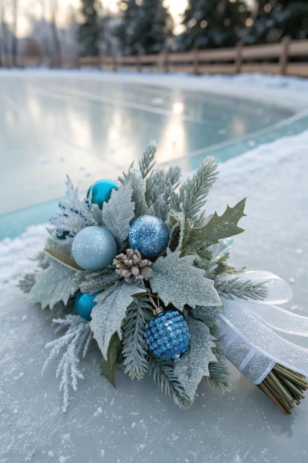 A sophisticated holiday adornment adorned with frosted leaves.