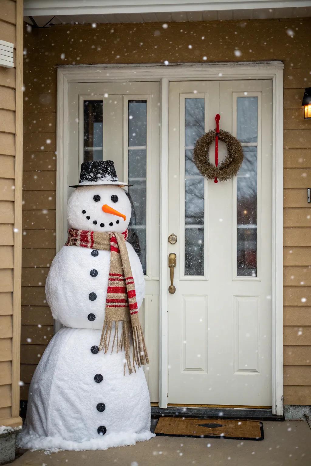 A jolly snow person brings joy to onlookers.