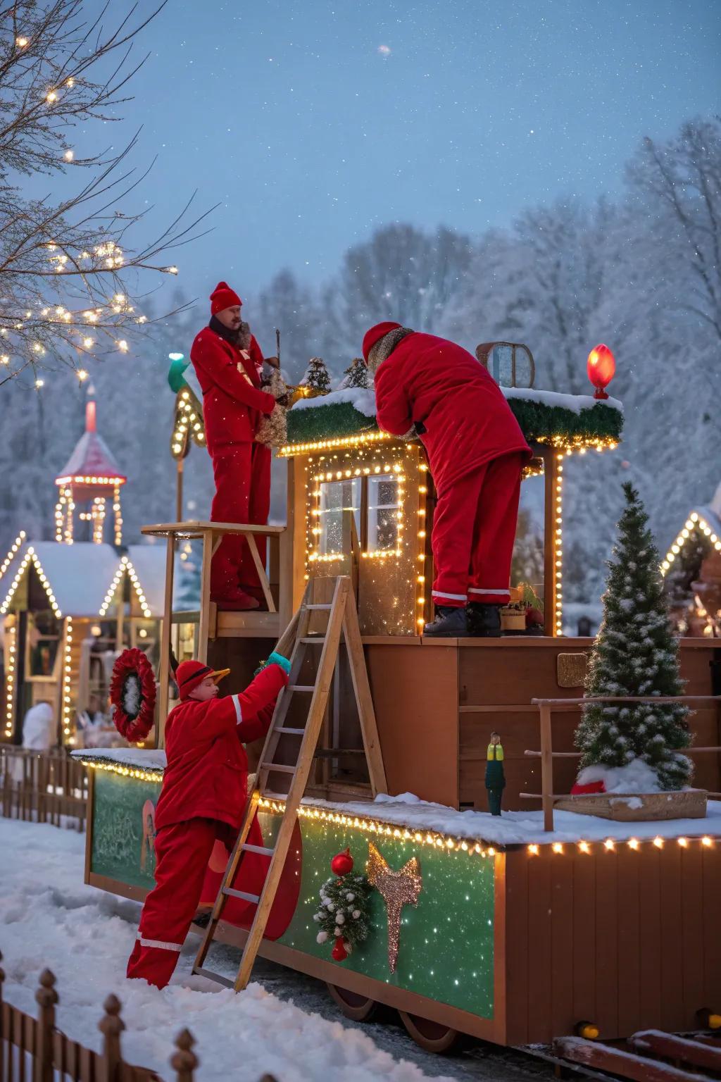 An energetic Elf Workshop float overflowing with ingenuity.