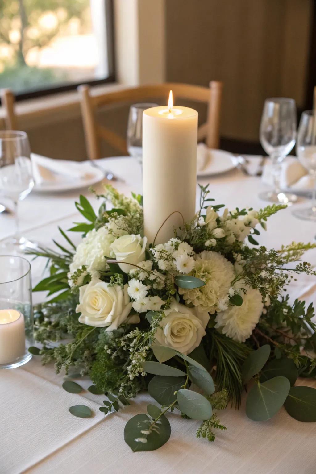Tapers add a cozy radiance to an appealing floral core ornament.