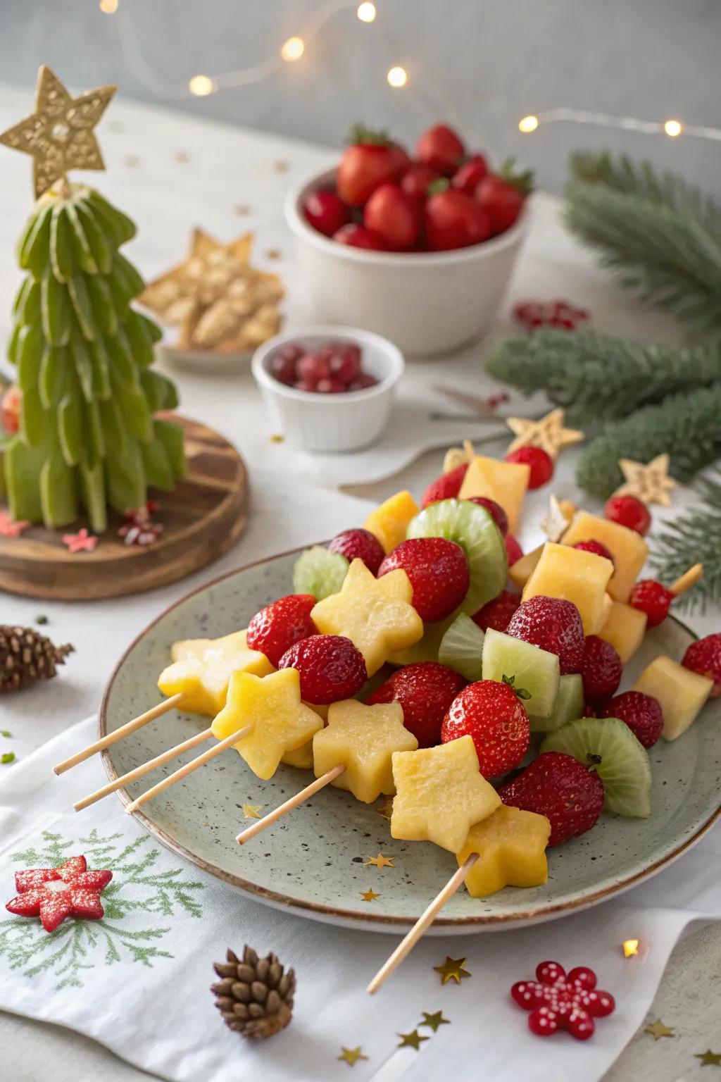 Celebratory fruit skewers shaped like stars and Christmas trees.