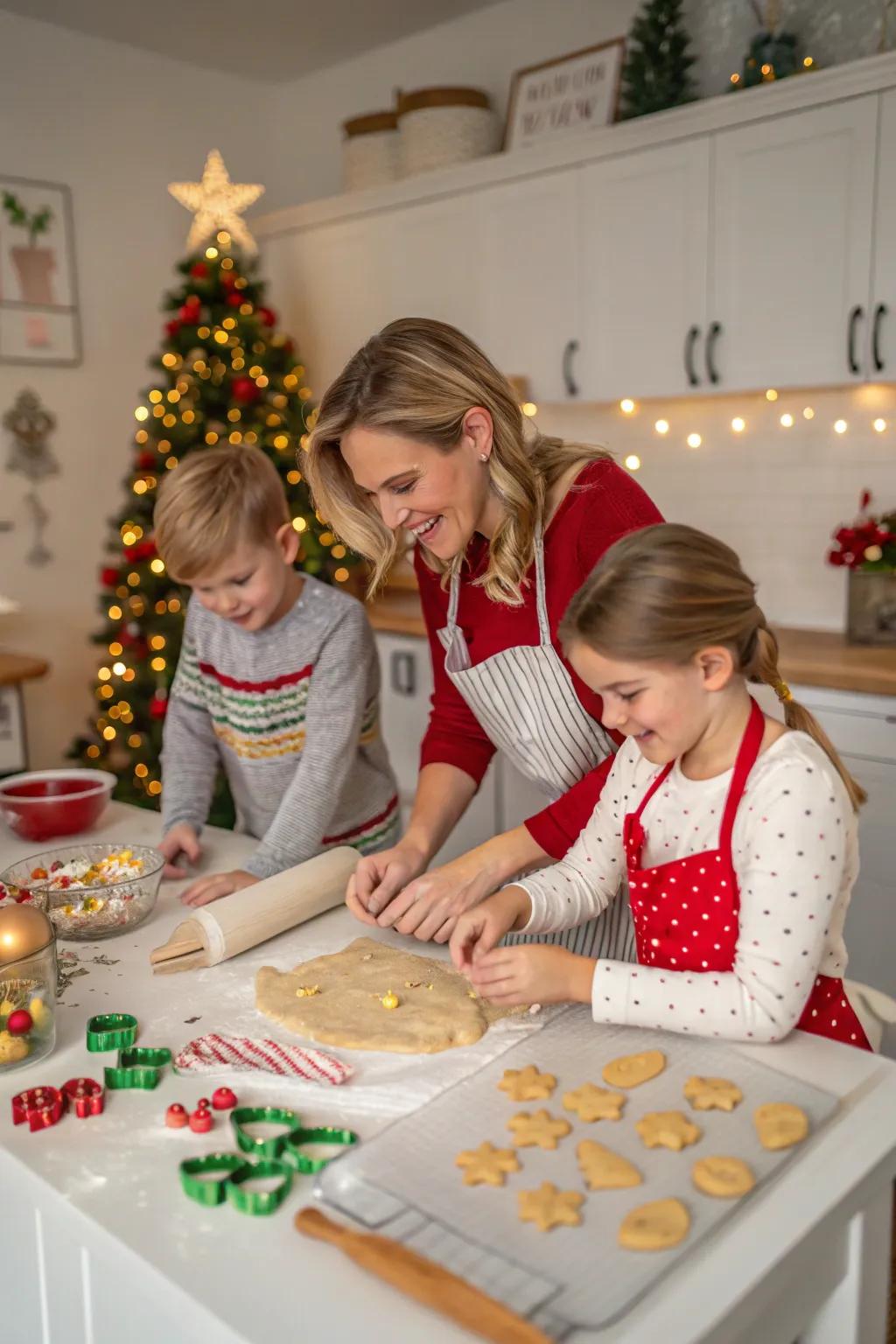 A family confectioning Christmas biscuits, capturing the joyful hustle and bustle of holiday preparations.