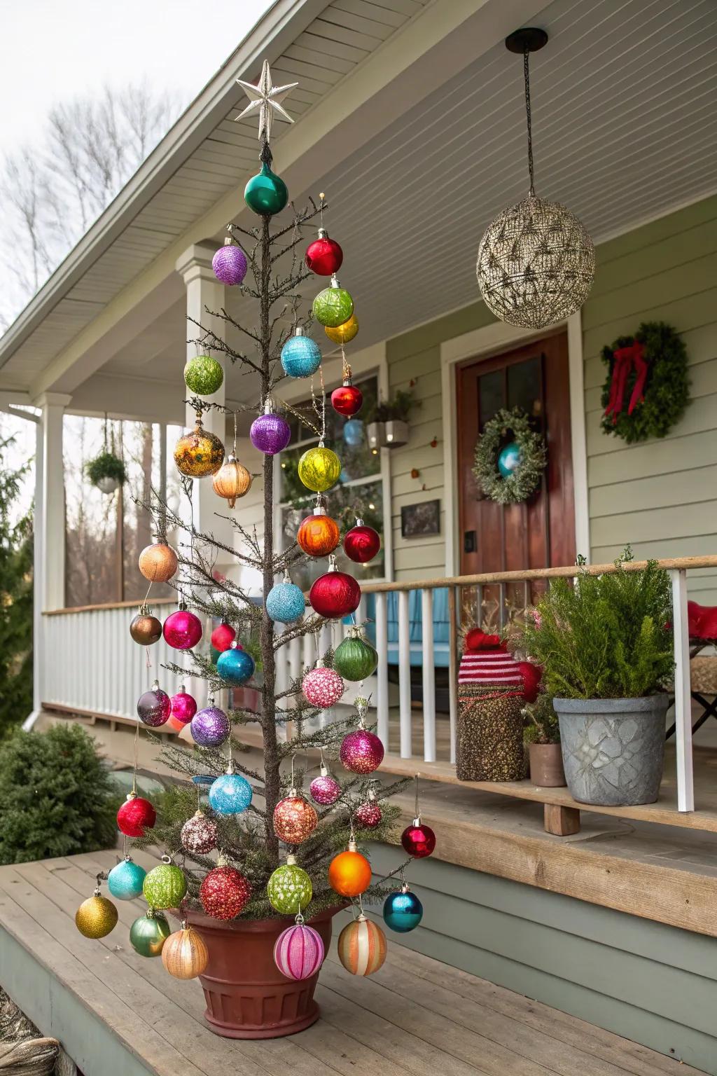 An extraordinary evergreen fashioned from decorations introduces a wow factor to the porch.