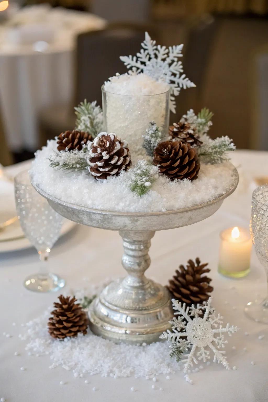 A frosted centerpiece fashions a charming winter wonderland effect.