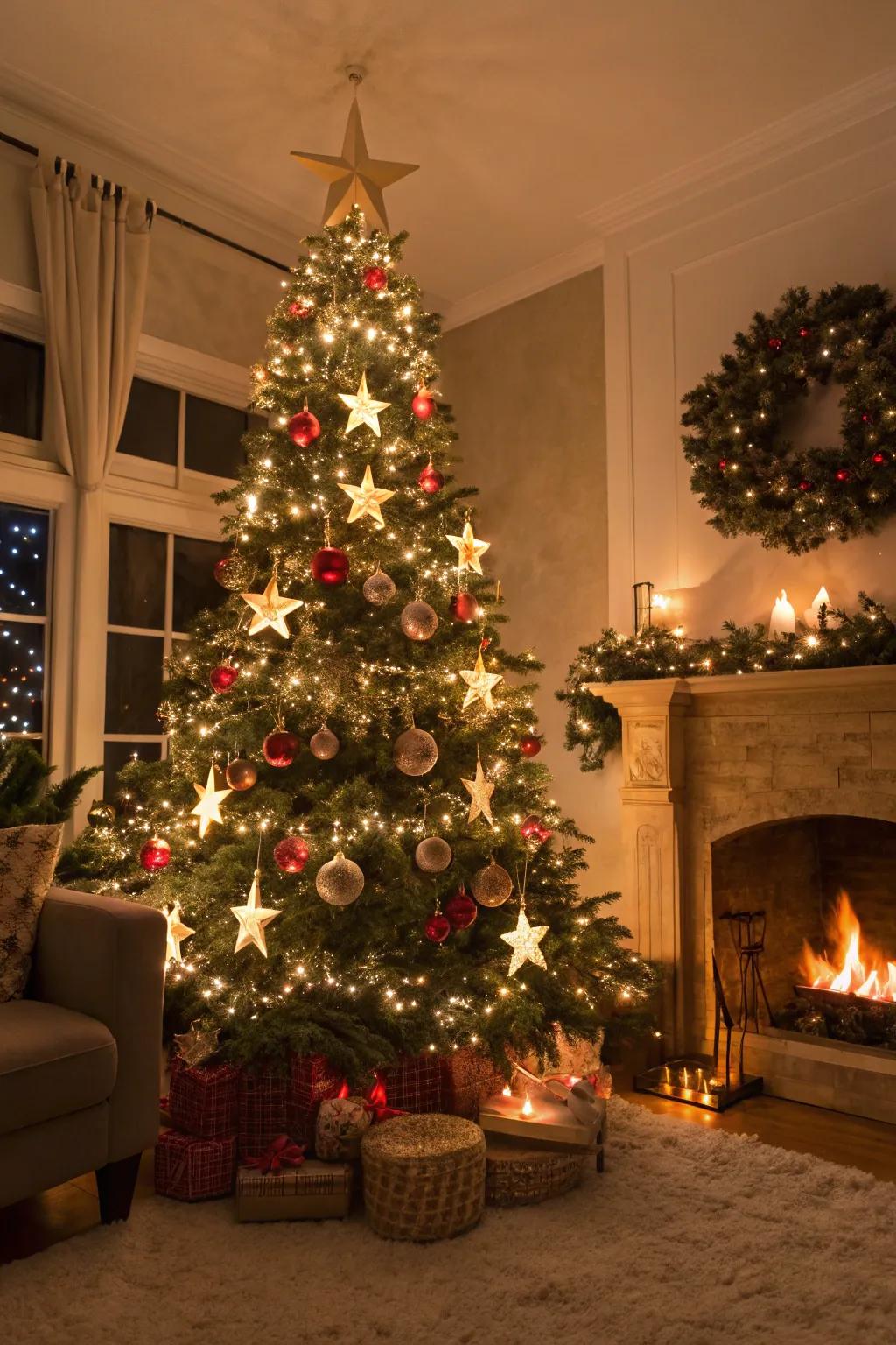 A wondrous Christmas tree adorned with star-themed decorative items and string lights, capturing a starlit evening ambiance.