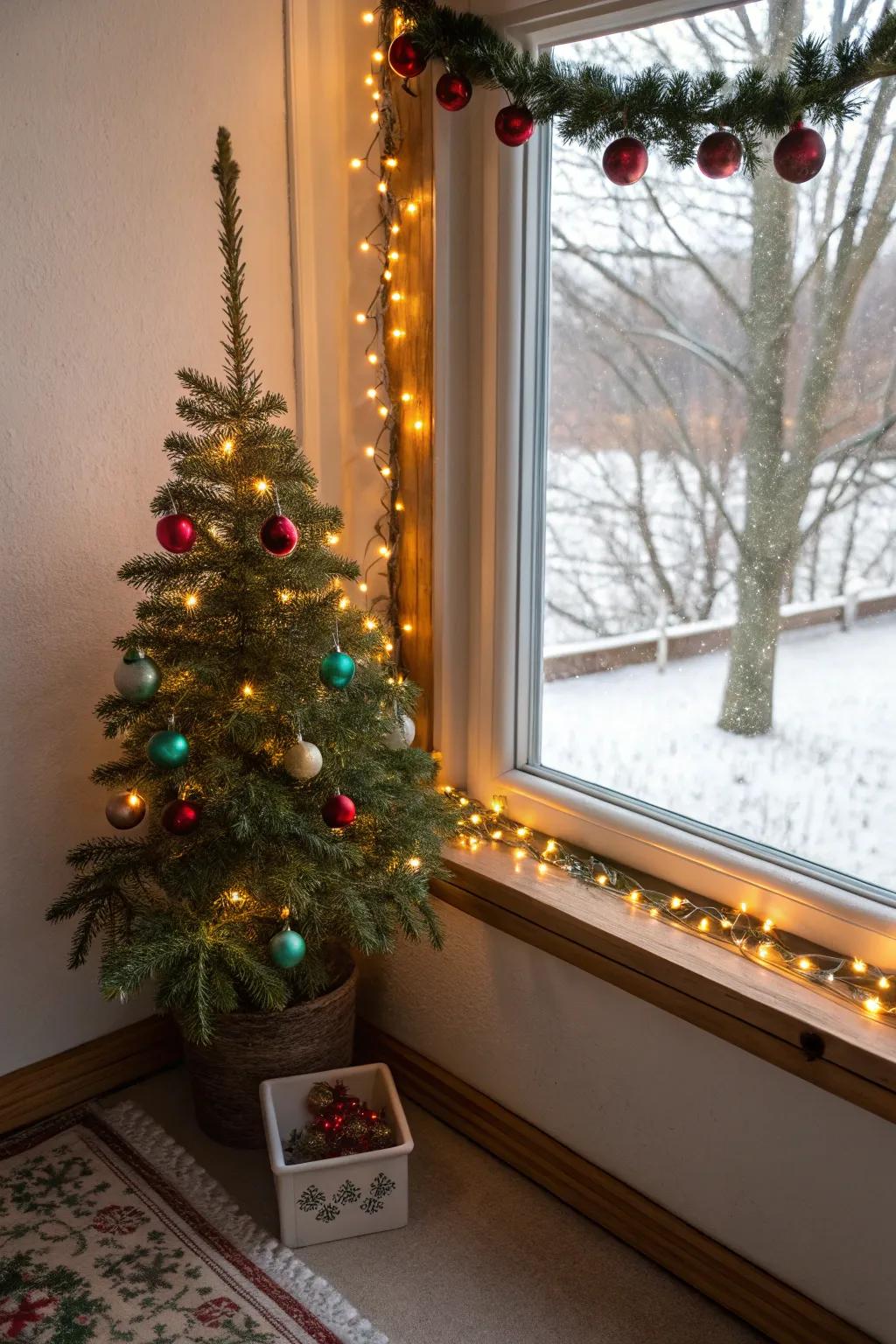 A petite Yuletide evergreen assimilates a traditional facet into the window exhibition.