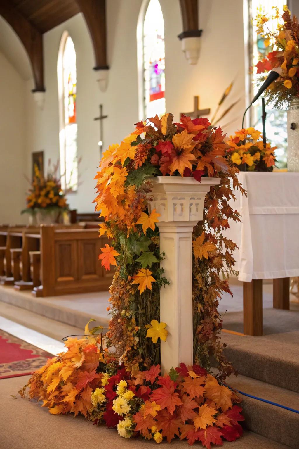 An altar exquisitely decorated with periodic elements such as autumnal foliage.