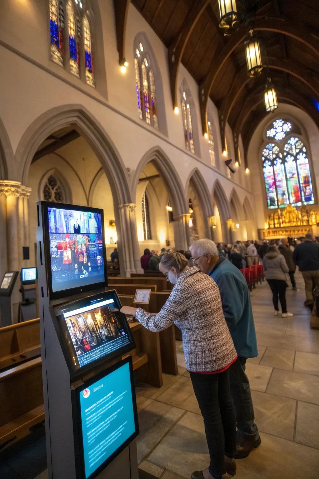 Church interior showcasing digital interfaces.